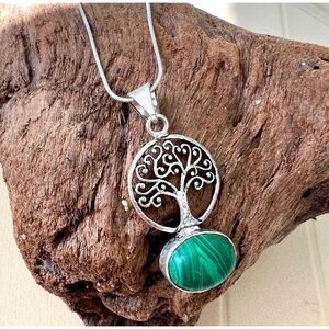 Natural Malachite 925 Sterling Silver Tree of Life Necklace Womens Jewelry